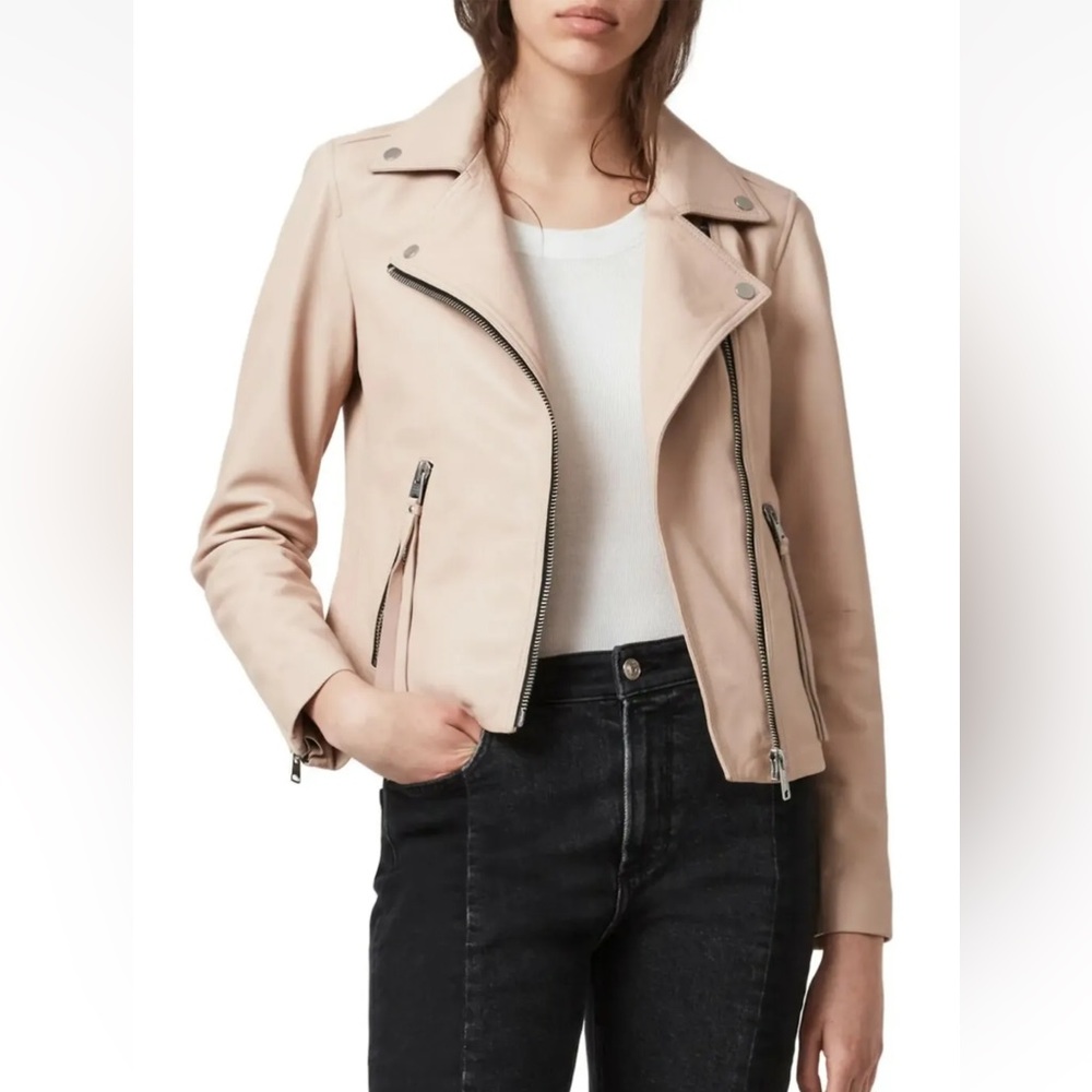 AllSaints - Pale pink/Blush leather biker moto jacket FREE SHIPPING!